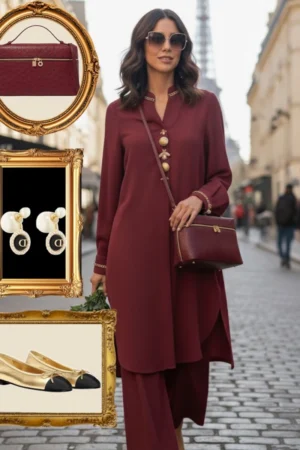 backpleated co ord set maroon